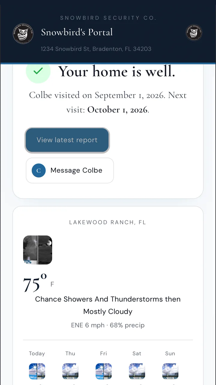 The Snowbird client portal showing current conditions and the five day forecast for a property in Lakewood Ranch, Florida.