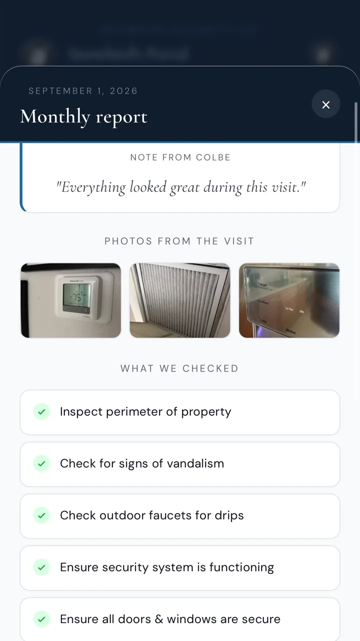 A completed monthly visit report in the same portal, with a note from the visit, photos, and the inspection checklist ticked off.